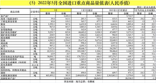 海關總署發布5月進出口商品報表 進口鐵礦石9251.7萬噸